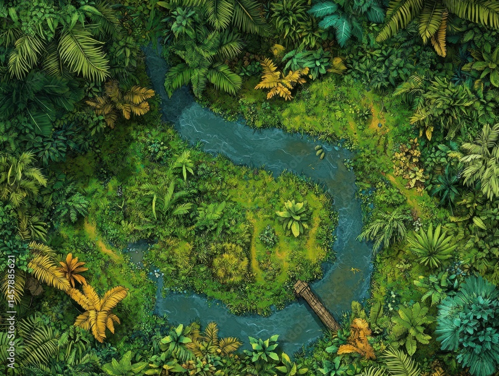 Lush Jungle Canopy River View from Above with Wooden Bridge and Dense Green Vegetation in Tropical Rainforest Lush Jungle Canopy River View from Above with Wooden Bridge and Dense Green Vegetation in Tropical Rainforest