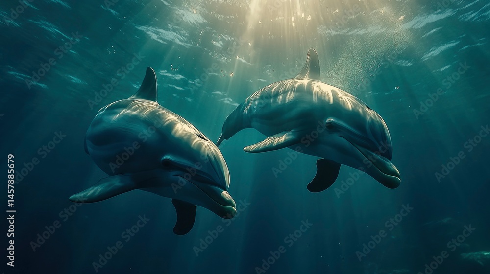 Obraz premium Two Dolphins Swimming in Sunlit Ocean Water