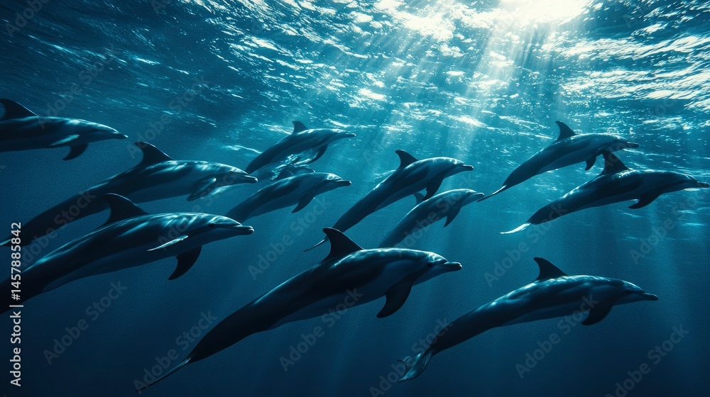 Fototapeta premium Pod of Dolphins Swimming in Sunlit Ocean Waters