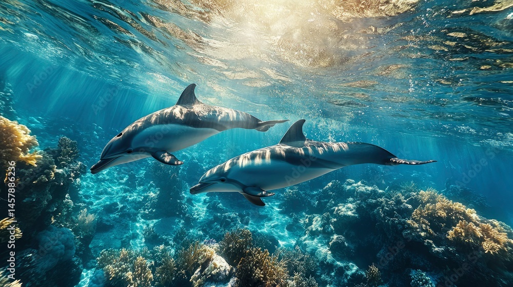 Obraz premium Two Dolphins Swimming in a Vibrant Coral Reef Undersea Scene