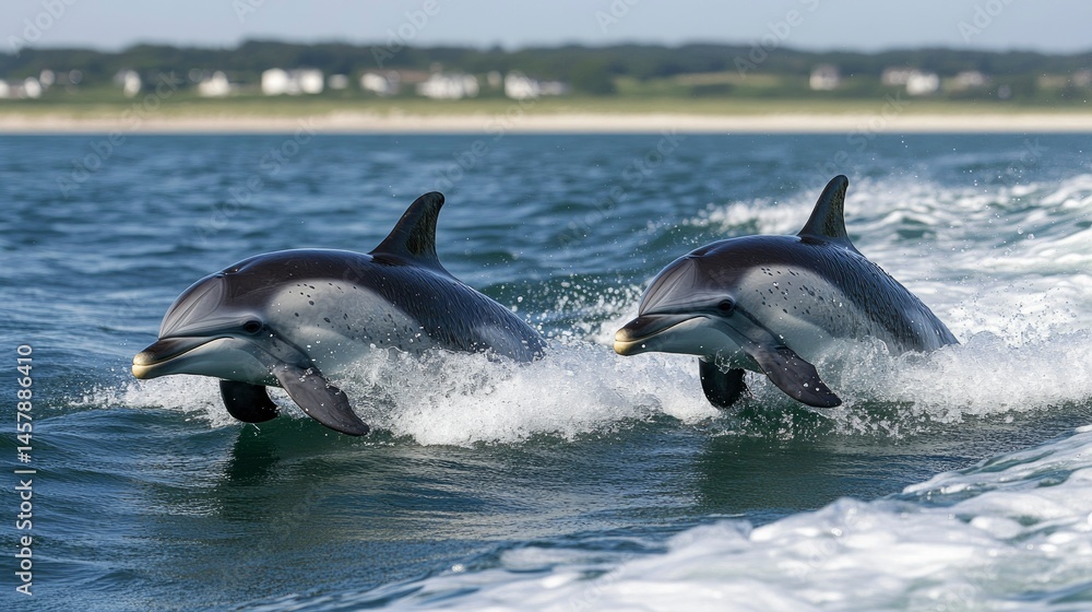Obraz premium Two Harbor Porpoises Playing in Ocean Waves