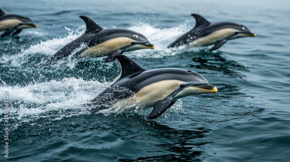 Obraz premium Pod of Dolphins Leaping and Playing in the Ocean