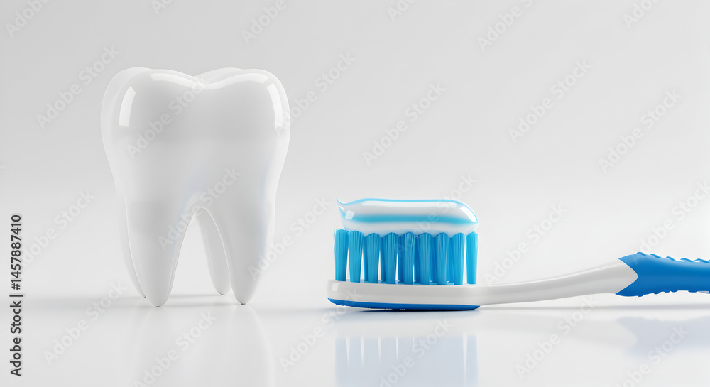 Tooth Model with Blue Toothbrush and White Toothpaste on White Plain Background Under Bright Studio Lighting for Advertisement Tooth Model with Blue Toothbrush and White Toothpaste on White Plain Background Under Bright Studio Lighting for Advertisement
