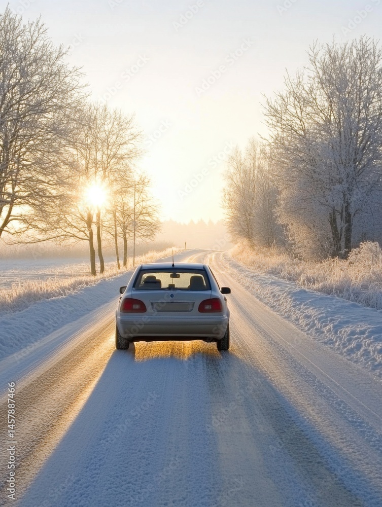 Fototapeta premium Car driving on snowy road at sunrise scenic winter landscape back view transportation travel journey