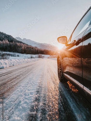 Car driving on snowy road at sunrise in winter landscape low angle shot in the mountains with forest and snow covered trees