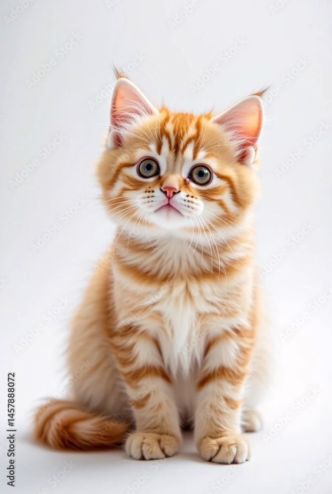 Adorable Ginger Kitten Sitting on White Background