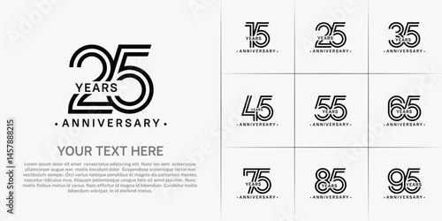 Anniversary logo style double line number set. black color on white background for celebration event