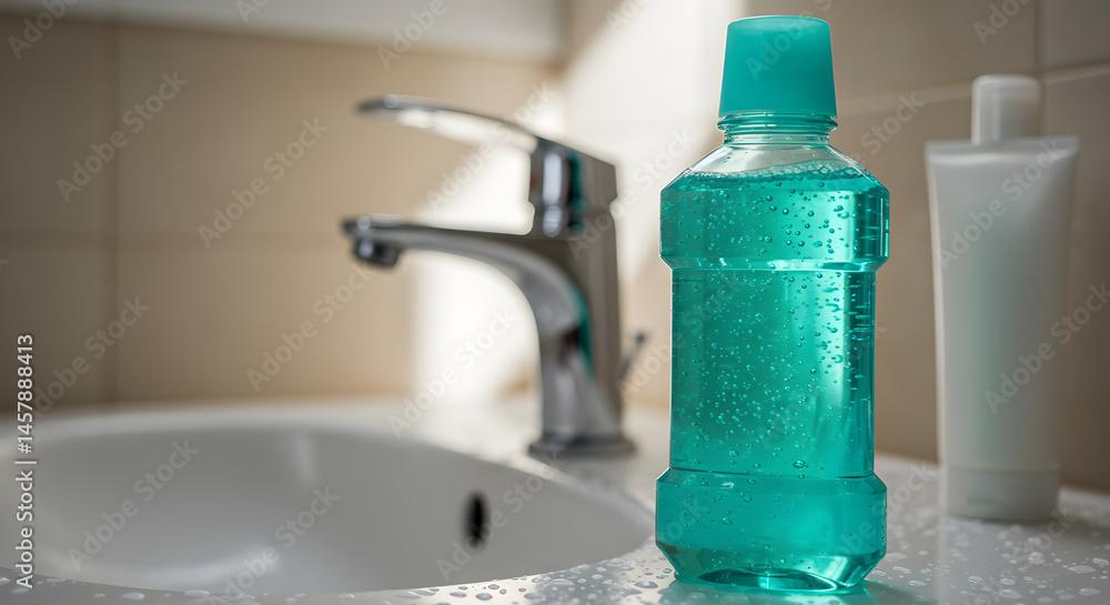 Turquoise Mouthwash Bottle Next to Toothpaste Tube on Sink in Bathroom Turquoise Mouthwash Bottle Next to Toothpaste Tube on Sink in Bathroom