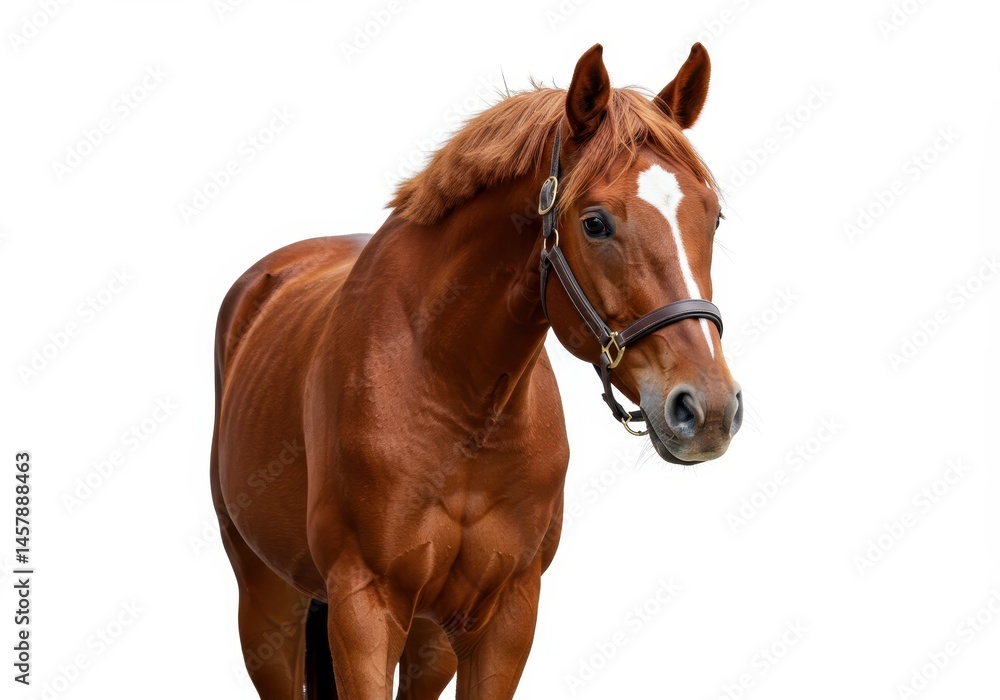 Obraz premium Chestnut horse with white blaze standing isolated on white background