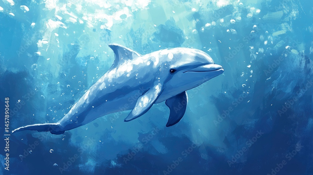 Fototapeta premium Serene Bottlenose Dolphin Swimming Underwater, Artistic Digital Painting