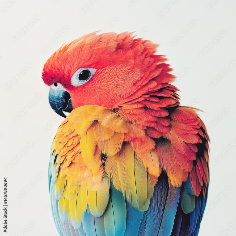 Obraz premium Scarlet Macaw portrait looking back over shoulder studio shot vibrant plumage colorful feathers tropical bird exotic pet avian beauty