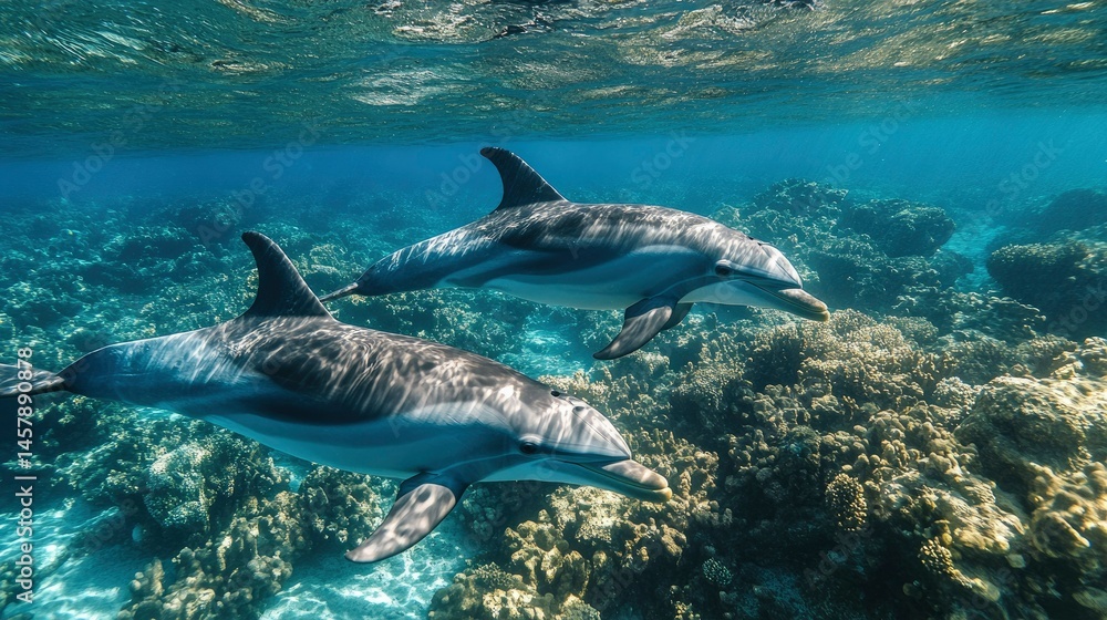 Naklejka premium Two Dolphins Swimming in a Vibrant Coral Reef
