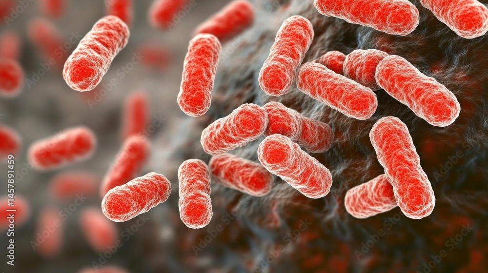 Microscopic red rod shaped bacteria cluster detailed 3 d render science medicine background Microscopic red rod shaped bacteria cluster detailed 3 d render science medicine background