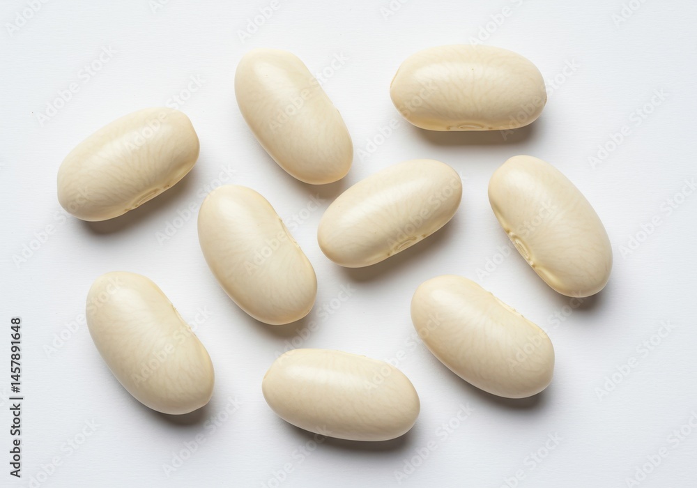 Scattered white oblong pills on a white surface in a close up view Scattered white oblong pills on a white surface in a close up view