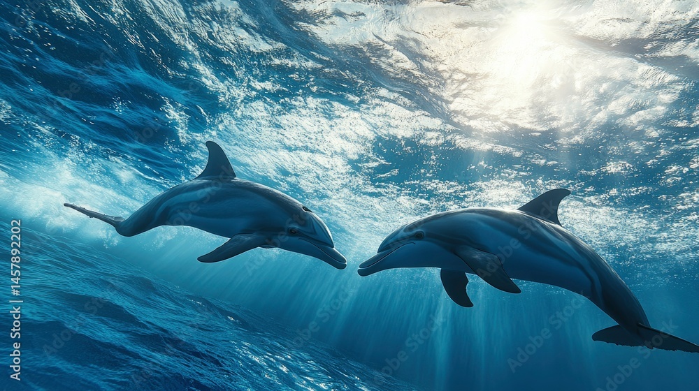 Obraz premium Two Striped Dolphins Swimming Gracefully in Sunlit Ocean Waters