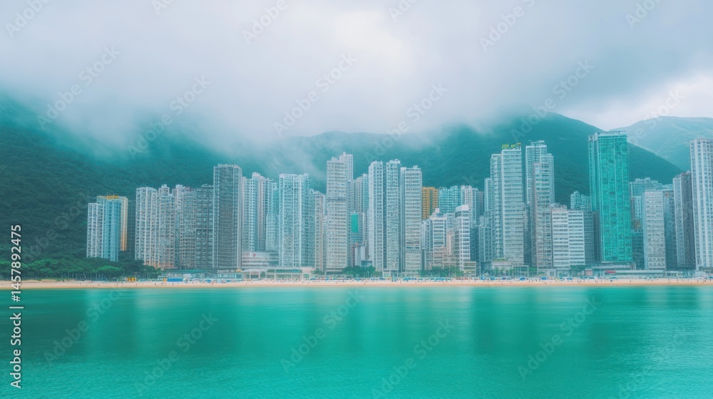 Fototapeta premium Coastal cityscape high rise buildings foggy beach