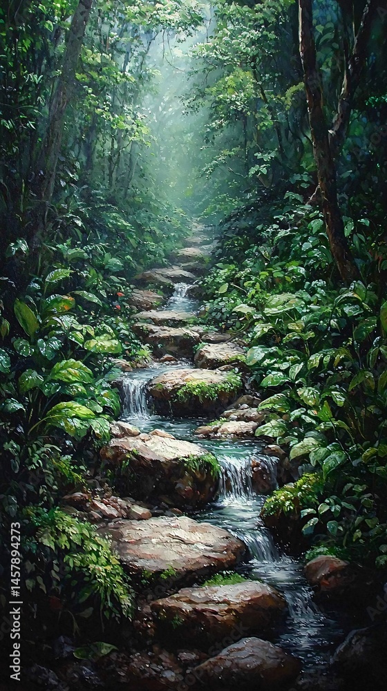 Fototapeta premium The path in the forest is gurgling with water