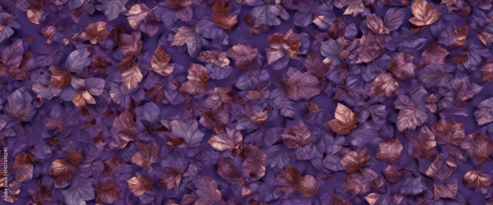Fototapeta premium Oxidized copper leaves scattered on deep violet Intricate, autumnal leaf pattern , design element, botanical, oxidized