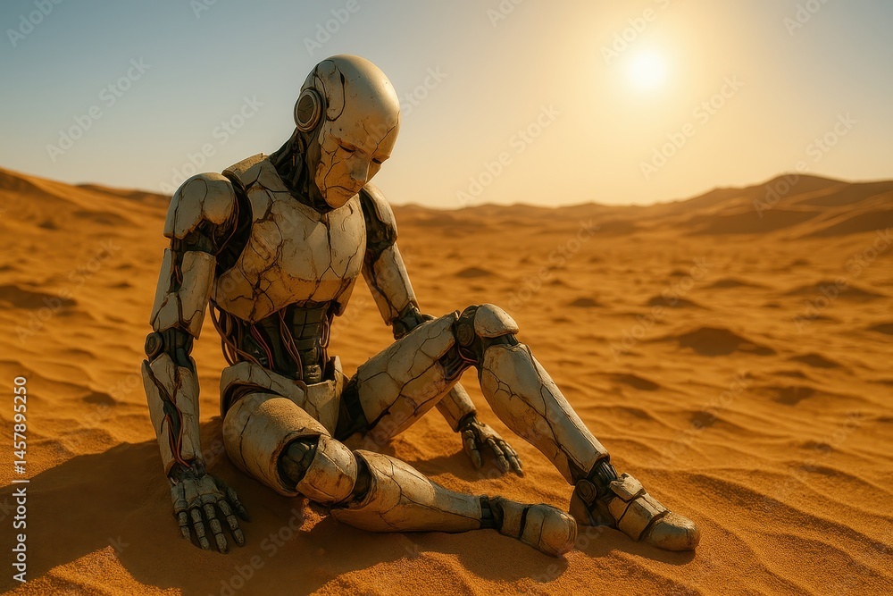 Metallic Robot Sitting in a Desert at Sunset