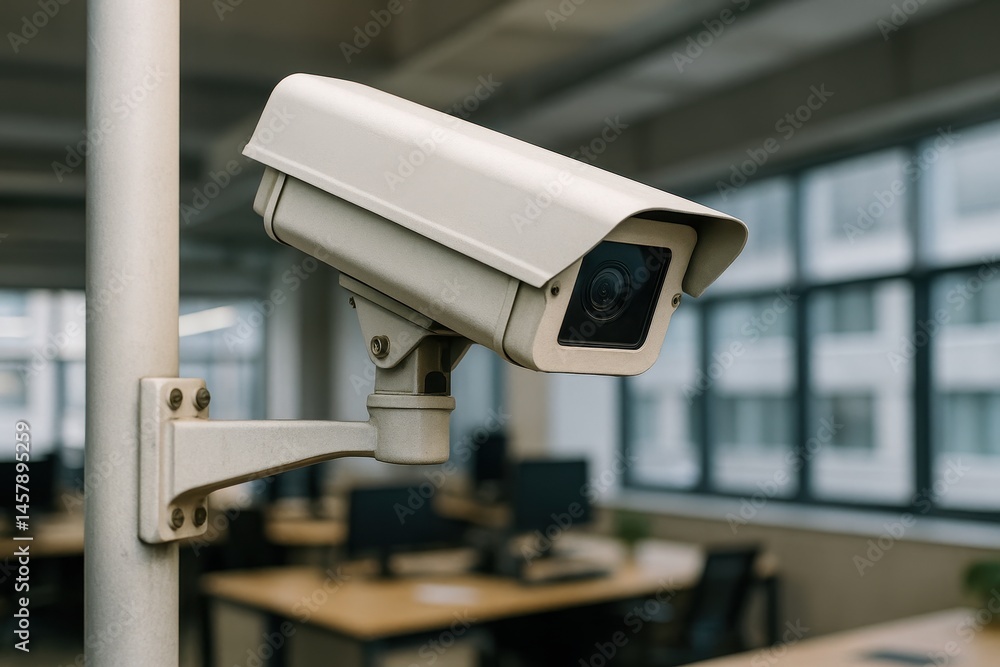 Off White Security Camera Mounted on a Pole in a Modern Office Setting Off White Security Camera Mounted on a Pole in a Modern Office Setting