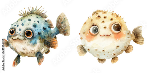 cute puffer watercolor vector illustration