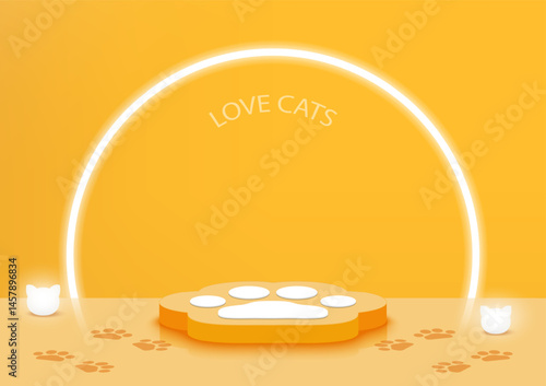 Stage podium cat footprint decorated with lighting. Pedestal scene with for pets product advertising on yellow background. Minimal style. Vector illustration