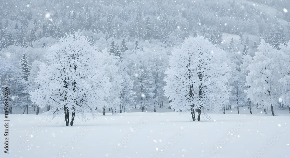 Fototapeta premium Snowy Winter Landscape with Trees and Falling Snowflakes in Nature