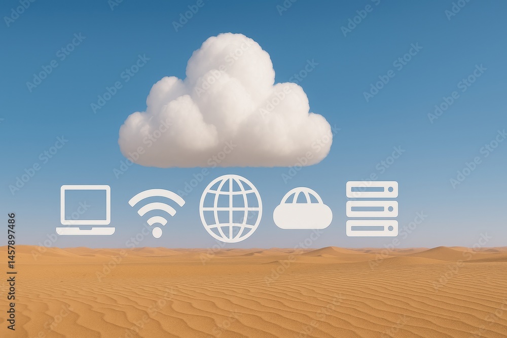Cloud Computing Concept White Pixel Icons on Desert Landscape Under a Fluffy Cloud