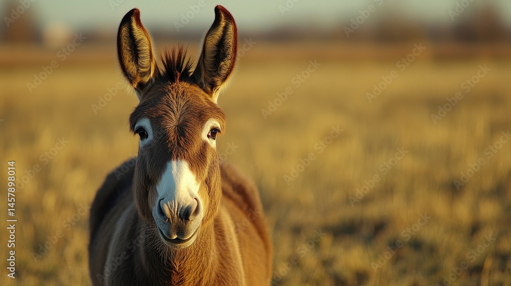 Fototapeta premium Friendly Donkey in Golden Field at Sunset