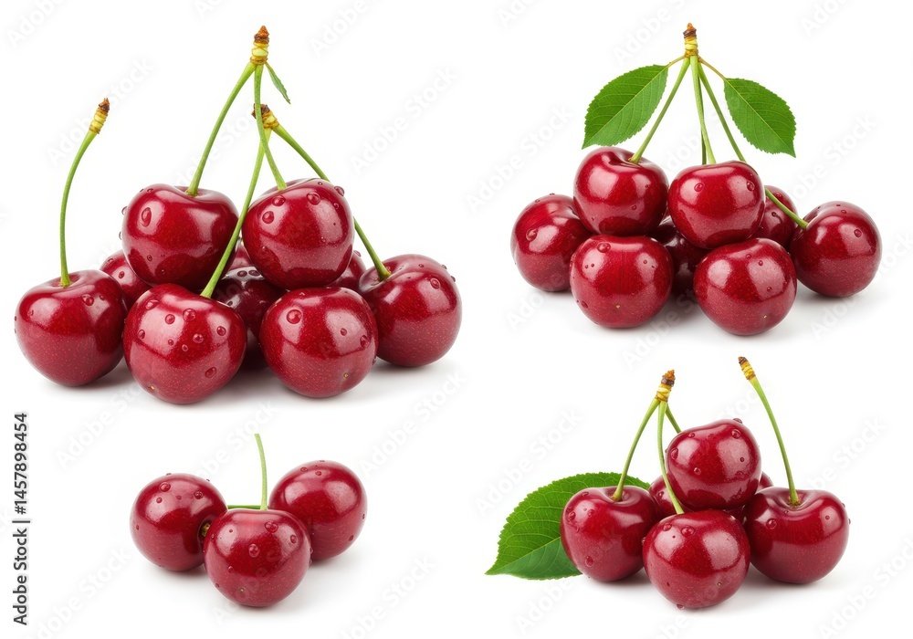 Arrangement of fresh red cherries with stems and leaves on a white background Arrangement of fresh red cherries with stems and leaves on a white background