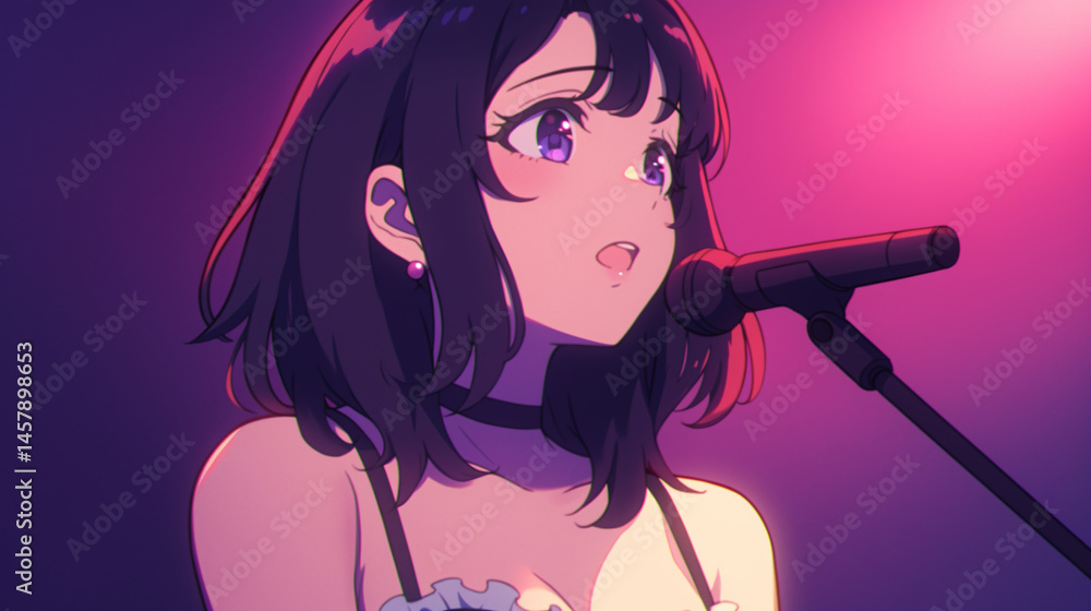 Naklejka premium Anime Girl Singing on Stage - Passionate Performance