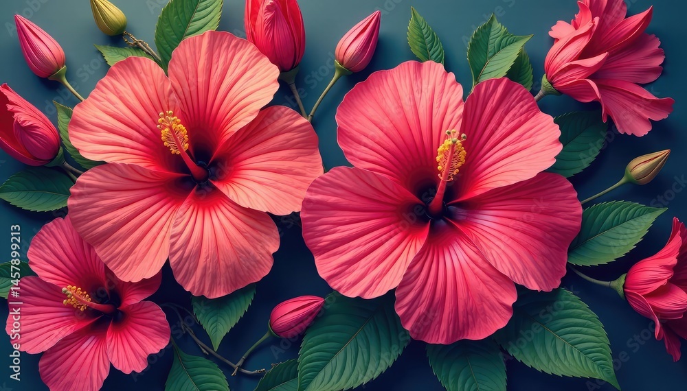 Bold stylized hibiscus blooms, vibrant color, geometric placement , seamless, tile, summer Bold stylized hibiscus blooms, vibrant color, geometric placement , seamless, tile, summer