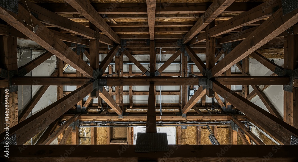 Obraz premium Intricate wooden roof structure with exposed beams and trusses in an old building attic showing architectural framework and construction details