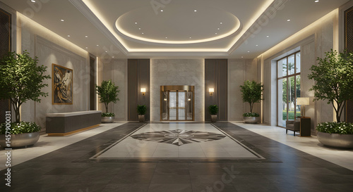 Elegant Hotel Lobby with Modern Design and Lush Greenery Elements
