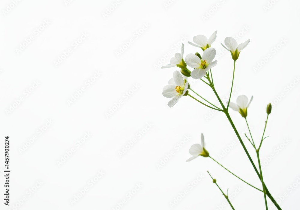 Obraz premium Delicate white flowers bloom on a slender green stem against a white background