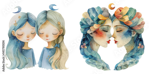 gemini zodiac watercolor vector illustration
