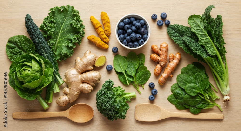 Assortment of fresh green vegetables, ginger, turmeric and blueberries for smoothies Assortment of fresh green vegetables, ginger, turmeric and blueberries for smoothies