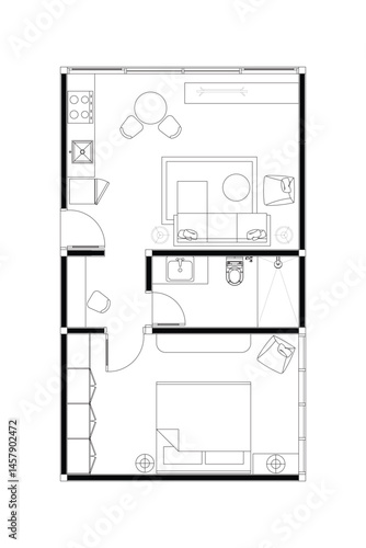 Tiny House or Apartment Floor Plan, Furniture Layout with Living, Dining, Kitchen, and Bedrooms. Vector Lines Black on White Background. 8