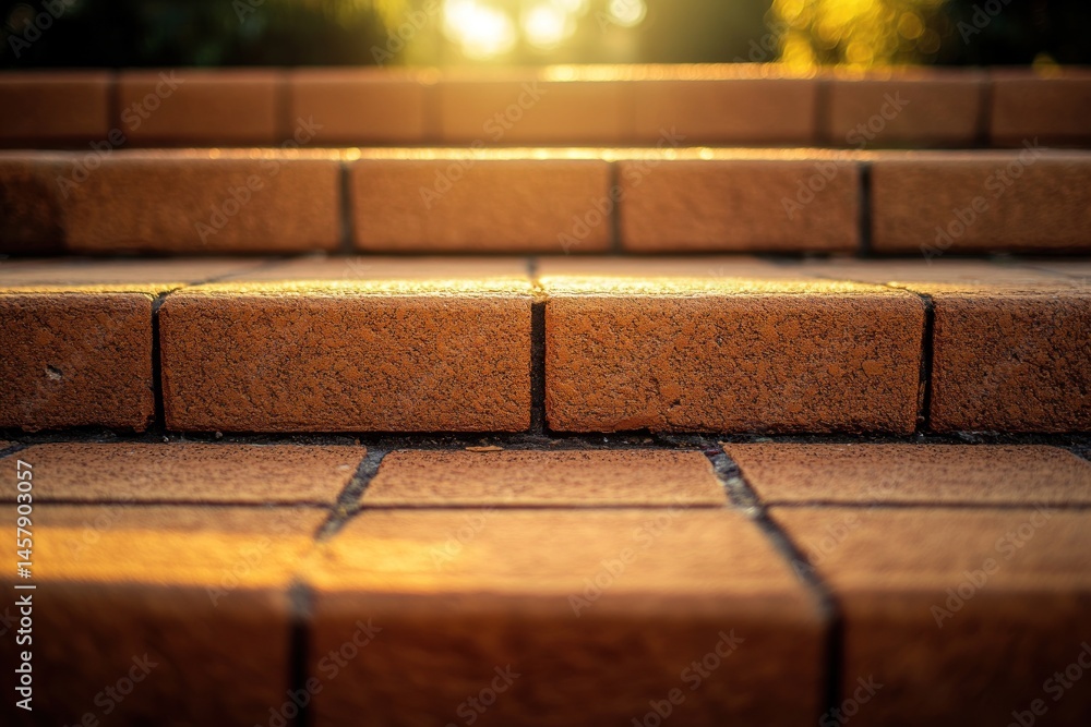 textured orange brick steps leading up, perspective view, warm tones textured orange brick steps leading up, perspective view, warm tones