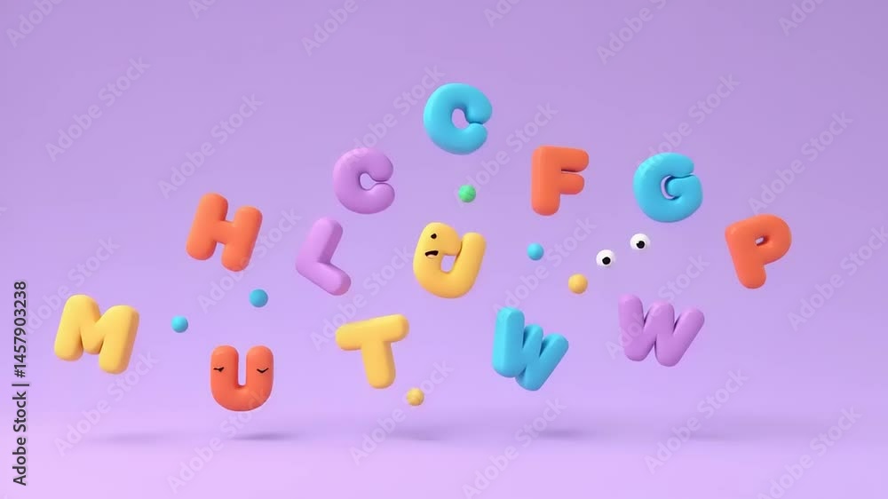 Colorful, playful letters floating in a whimsical arrangement against a soft purple background Colorful, playful letters floating in a whimsical arrangement against a soft purple background