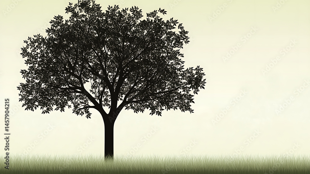 Fototapeta premium Silhouette of leafy tree standing on grass field with copy space on a light background
