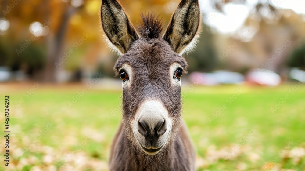 Adorable Donkey Portrait in Autumnal Park Setting Adorable Donkey Portrait in Autumnal Park Setting