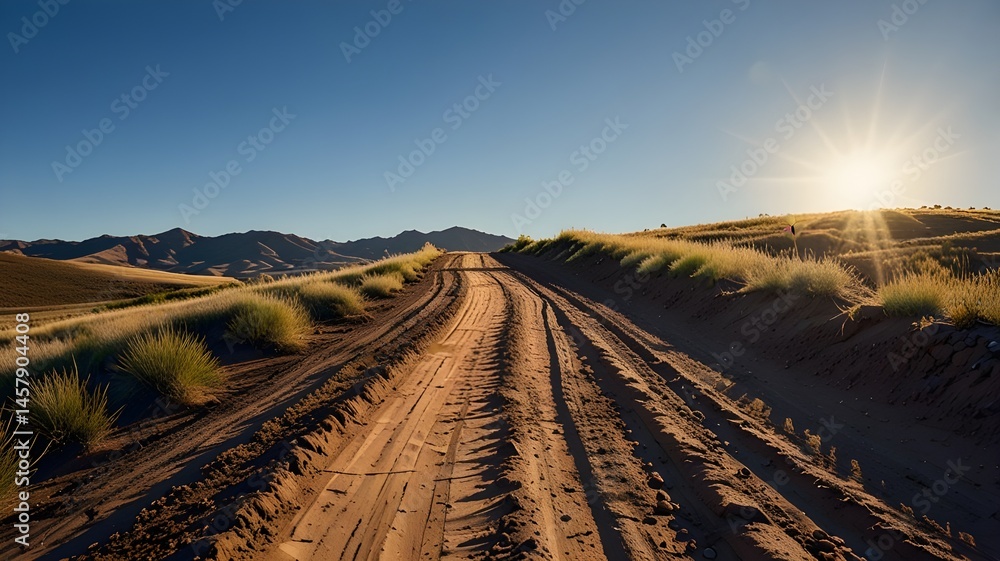 Naklejka premium Low angle image of a dirt road disappearing over a small hill under a clear blue sky