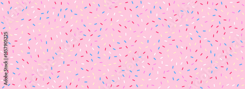 Colorful donut sprinkles seamless pattern. Strawberry candy cream background. Cake glaze icing overlay for decorative banner, poster, template. Cupcake or ice cream topping texture. Vector wallpaper