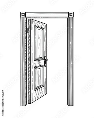 Detailed sketch of an open wooden door frame