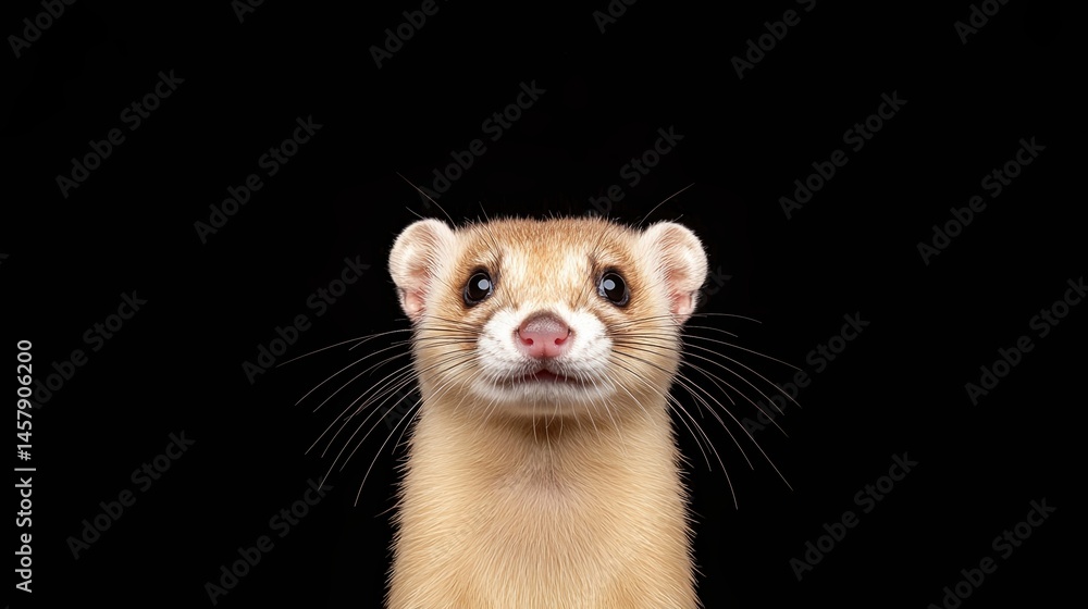 Fototapeta premium A curious ferret stares directly at the camera against a solid black background.