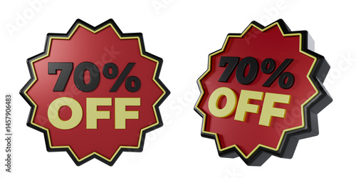 3d render sticker with 70 percent black, red and yellow. discount concept on black friday celebration day