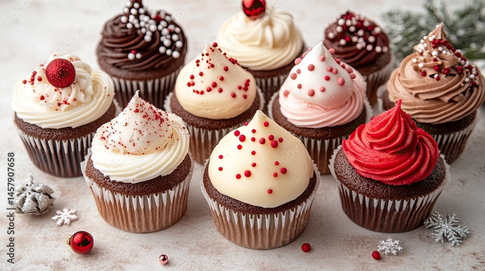 A festive array of chocolate cupcakes with colorful frosting and christmas decorations on a white surface A festive array of chocolate cupcakes with colorful frosting and christmas decorations on a white surface