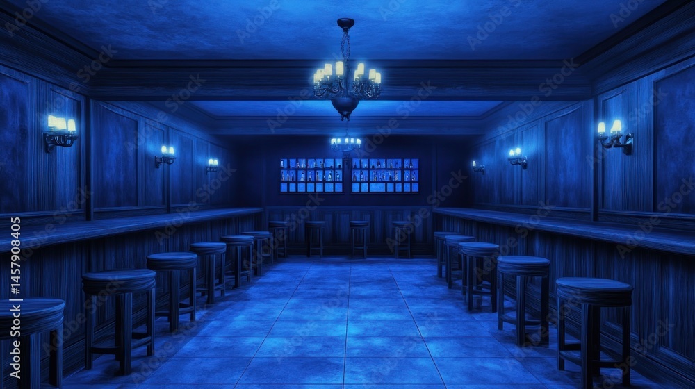 Fototapeta premium Empty blue lit bar interior at night