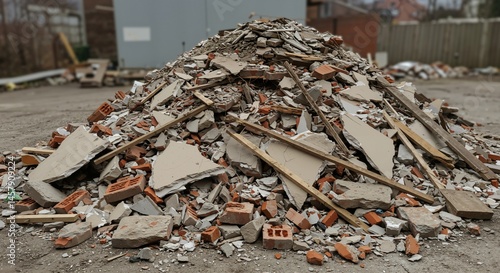 Large pile of mixed construction and demolition rubble consisting of broken bricks, concrete slabs, plasterboard, and wooden debris